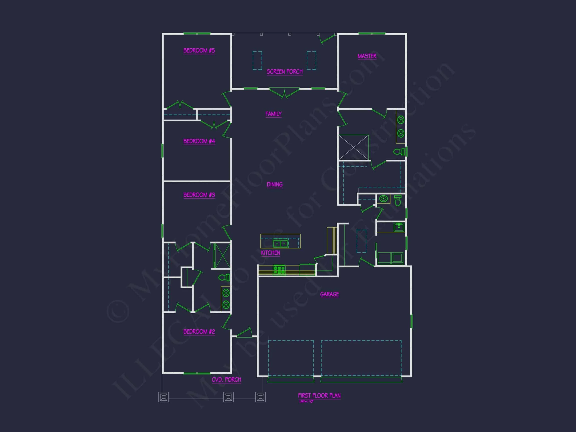 19-2215 HOUSE PLAN - House Plan Designs | 5-Bedroom CAD Floor Blueprint Architecture 8 Spacious 1-Story 5-Bedroom House Plan with Modern Craftsman Design
