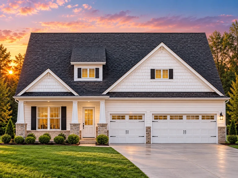 Front elevation of Traditional Classic Suburban house with horizontal lap siding, brick water table, gable roof, and two-car garage
