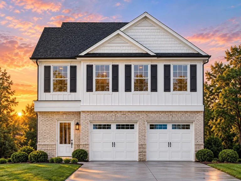 Modern Farmhouse House Plans 5 Front elevation of a Traditional Colonial style home featuring a brick first floor, lap siding upper level, and double garage with symmetrical design.