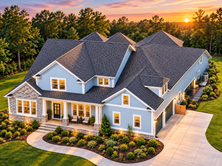 Front elevation of a New American coastal traditional house featuring shingle siding, horizontal lap siding, stone accents, and a welcoming covered porch