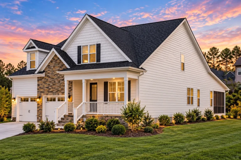 Front elevation of a New American Cape Cod style house featuring stone veneer, horizontal siding, gabled rooflines, and an attached two-car garage
