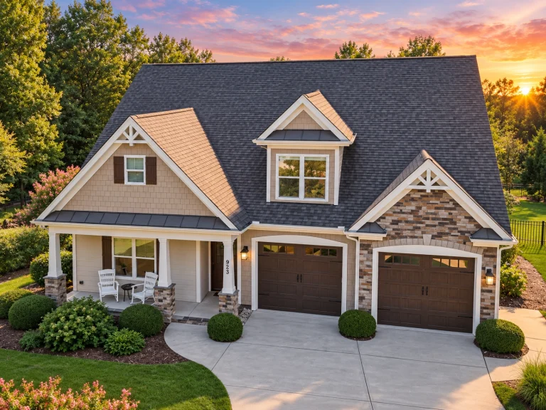 Front elevation of a Traditional Craftsman Farmhouse featuring horizontal siding, board and batten gables, and stone accents with twin garage doors