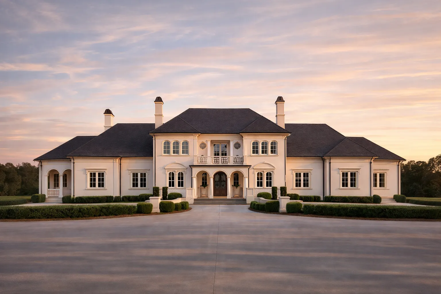 Front elevation of a Neoclassical style luxury home featuring symmetrical Georgian design, stucco exterior, arched windows, and formal entry