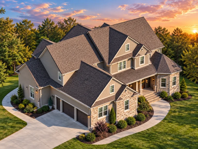 Front elevation of a Traditional Colonial style brick home with symmetrical windows, gabled rooflines, and classic Georgian-inspired detailing
