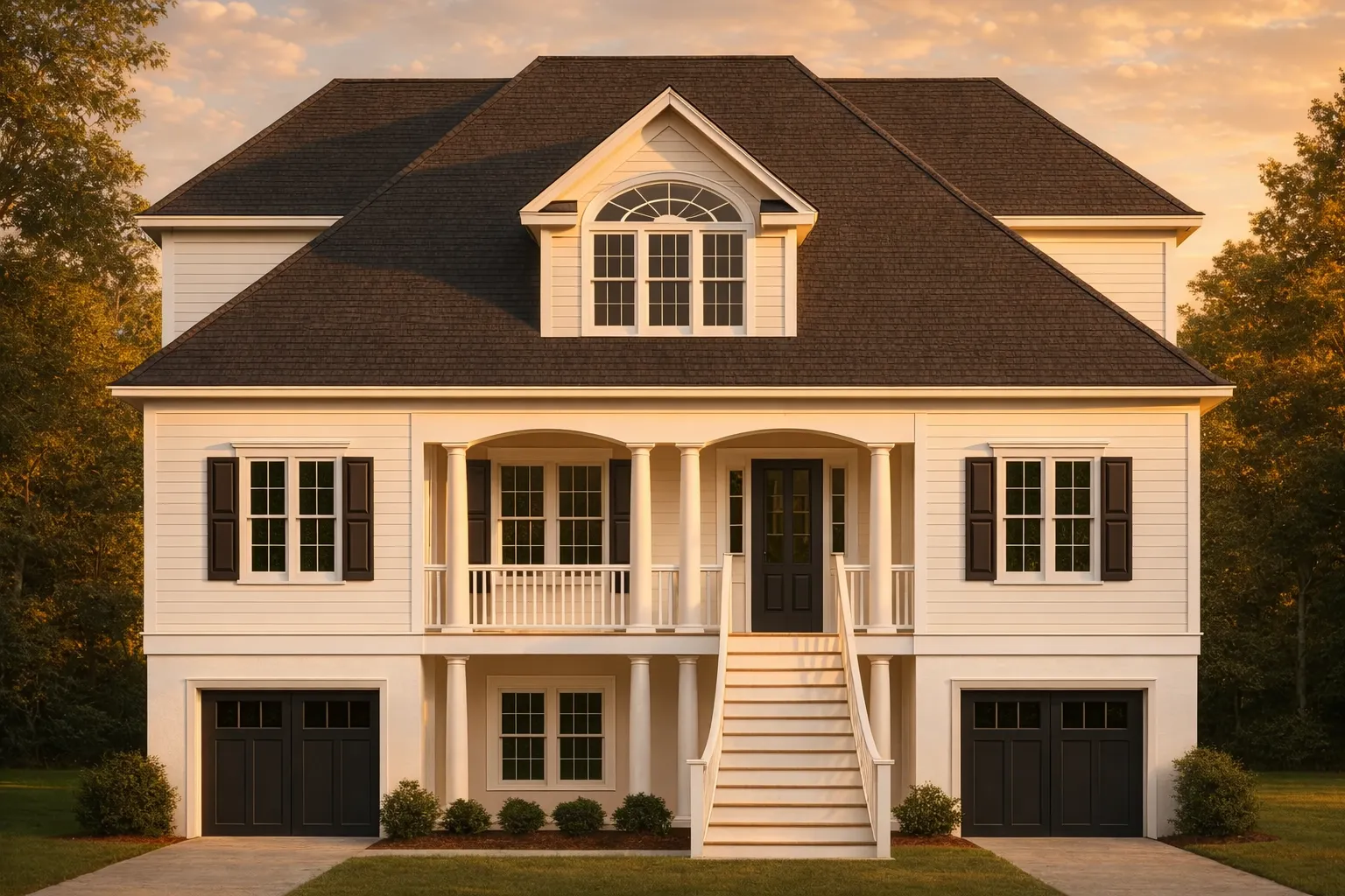 Front exterior of a Low Country Southern style home with elevated porch, symmetrical Colonial façade, and horizontal lap siding