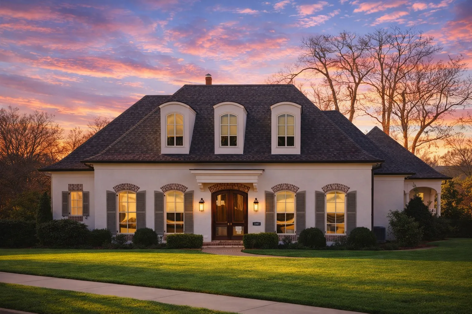 Bungalow House Plans 21 Front elevation of a French Country and French Provincial style home with smooth stucco exterior, arched dormer windows, and symmetrical façade