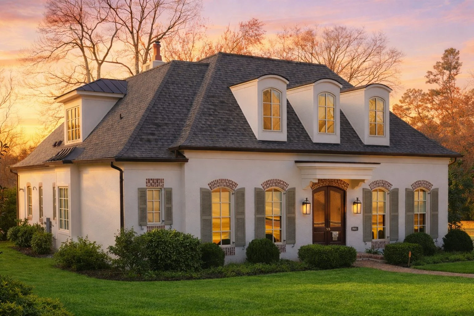 Front elevation of a French Country and French Provincial style home with smooth stucco exterior, arched dormer windows, and symmetrical façade