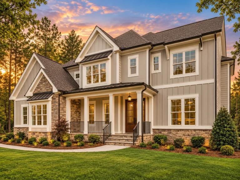 Front elevation of a New American modern traditional home featuring board and batten siding, stone accents, covered porch, and symmetrical windows