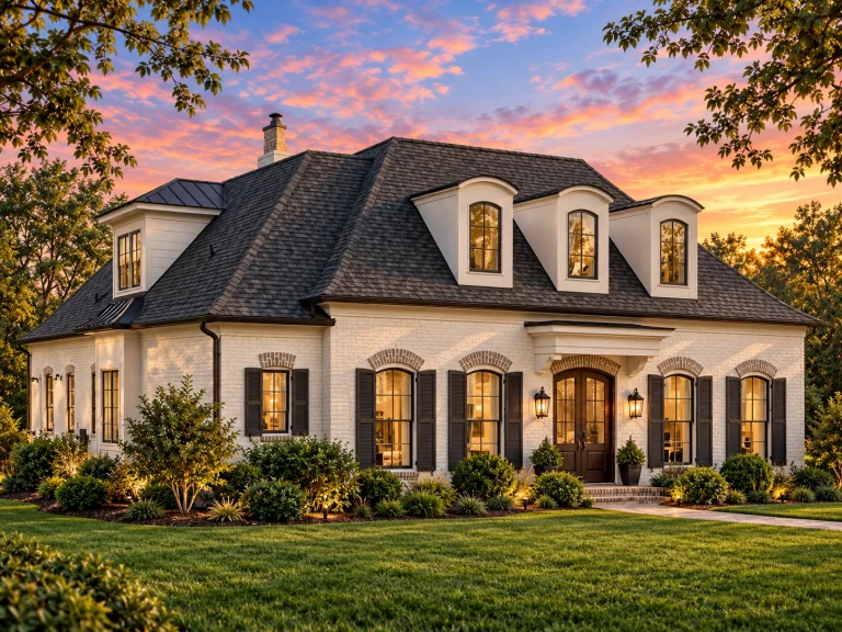 House Plans with Spacious Laundry Room 4 Front elevation of a French Country and French Provincial style home with smooth stucco exterior, arched dormer windows, and symmetrical façade