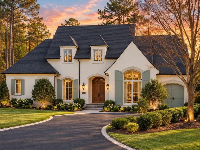 Top Designer-Approved House Plans 8 Front elevation of a French Country style home featuring brick exterior, steep pitched roof, arched windows, and a refined traditional façade
