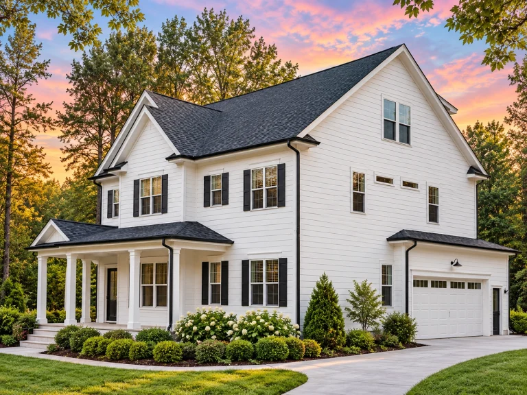 Front exterior view of a New American modern farmhouse style home with white horizontal siding, black shutters, gabled rooflines, and an attached garage