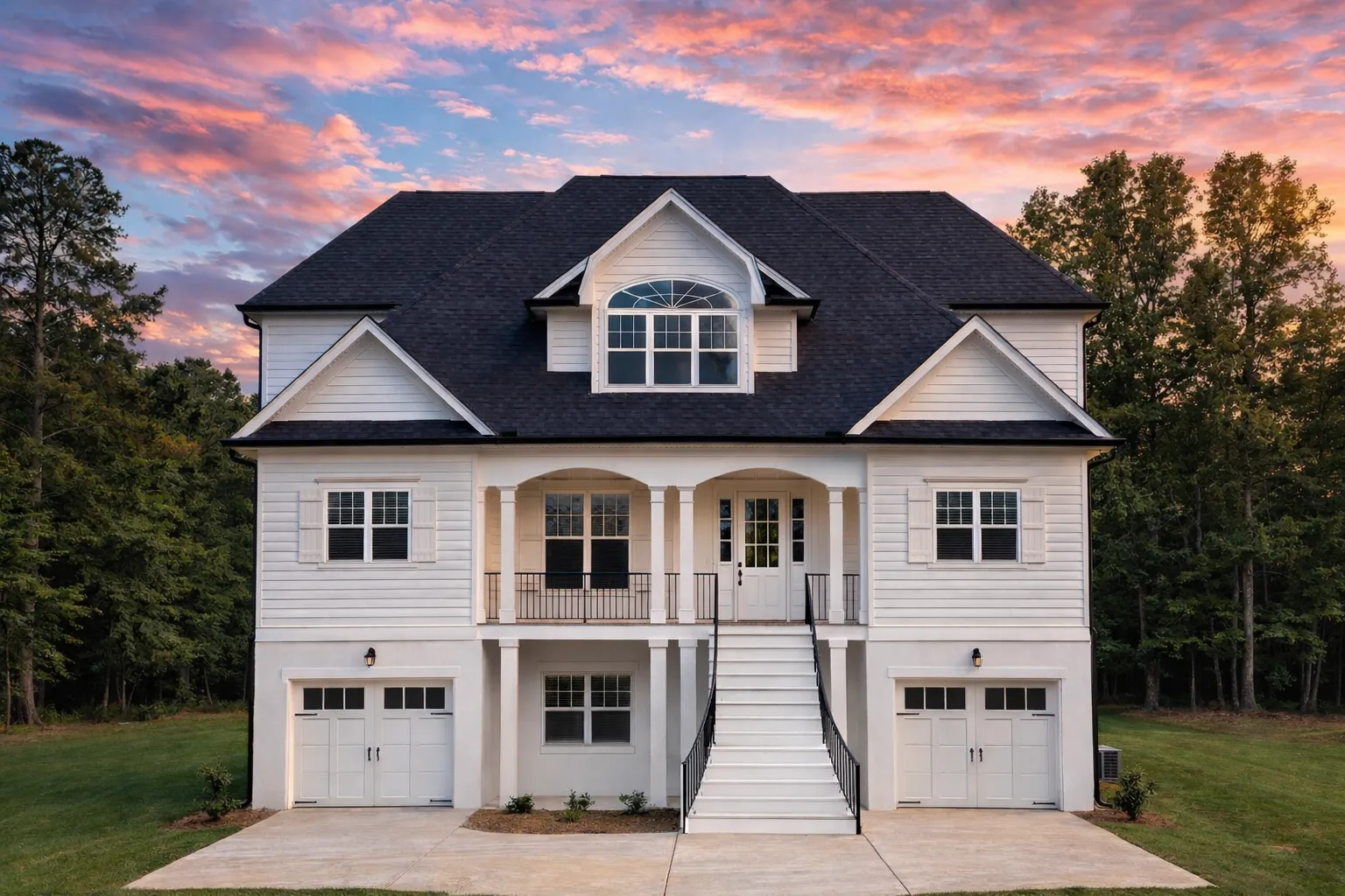 Front exterior of a Low Country Southern style home with elevated porch, symmetrical Colonial façade, and horizontal lap siding