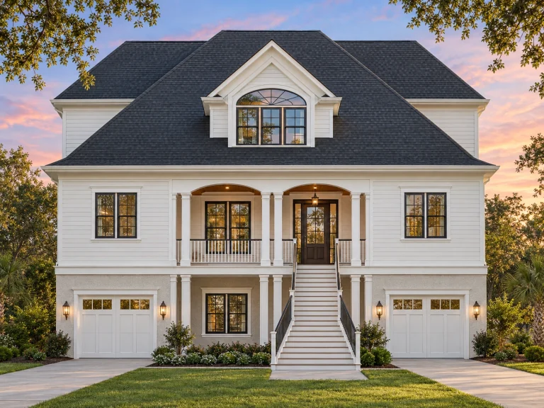 Front exterior of a Low Country Southern style home with elevated porch, symmetrical Colonial façade, and horizontal lap siding