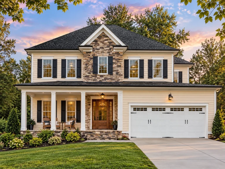 Front exterior of a New American Colonial style home featuring stone accents, horizontal siding, black shutters, and a covered front porch
