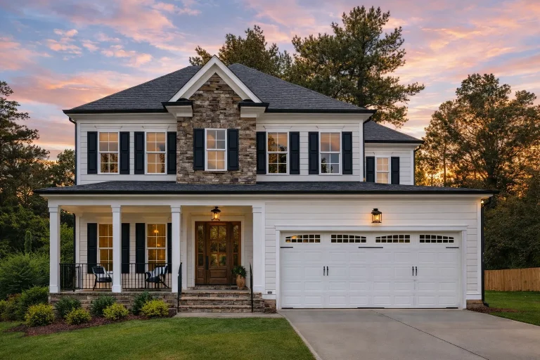 Front exterior of a New American Colonial style home featuring stone accents, horizontal siding, black shutters, and a covered front porch