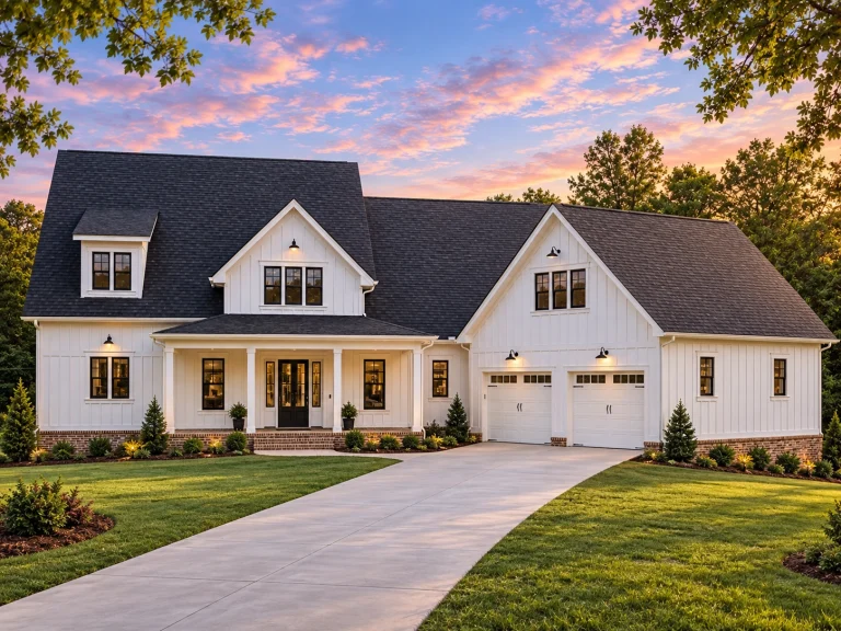 House Plans with Fireplace 19 Front elevation of a Craftsman Farmhouse style home featuring board and batten siding, stone accents, gabled rooflines, and a welcoming covered front porch