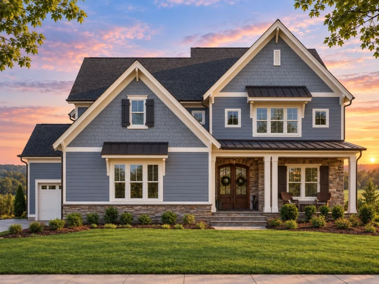 Front elevation of a New American Coastal Traditional style home with blue horizontal siding, stone foundation accents, white trim, and a covered front porch