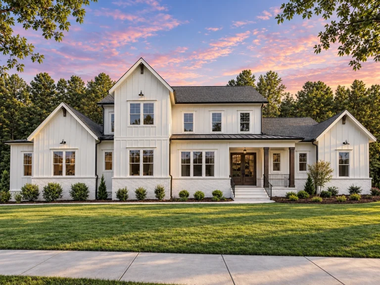 House Plans with Fireplace 24 Front elevation of a Modern Farmhouse style home featuring board and batten siding, gabled rooflines, large windows, and a welcoming covered front porch