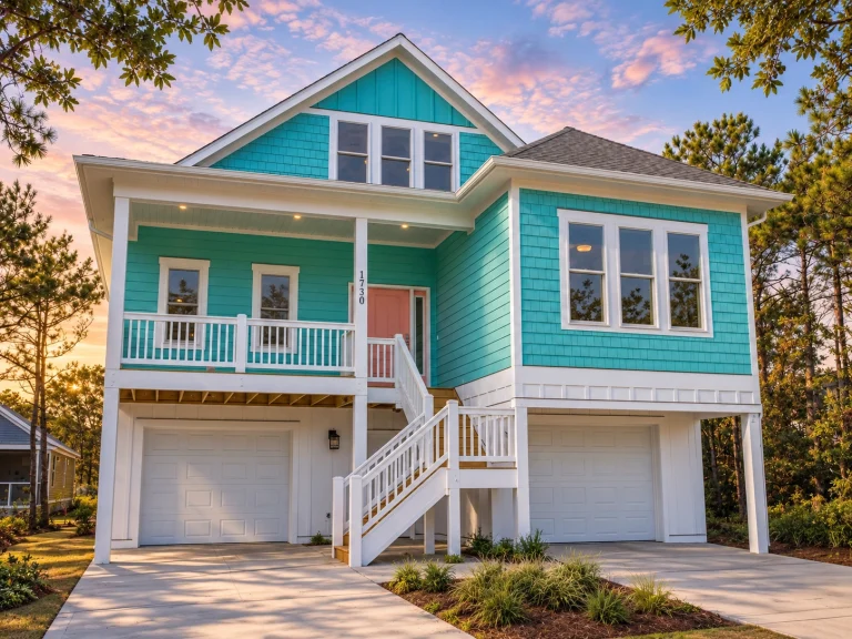 Front exterior of an elevated Coastal Beach House with horizontal siding, covered porches, exterior stairs, and ground-level garage