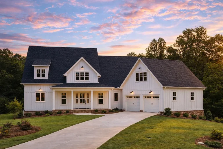 Front elevation of a Craftsman Farmhouse style home featuring board and batten siding, stone accents, gabled rooflines, and a welcoming covered front porch