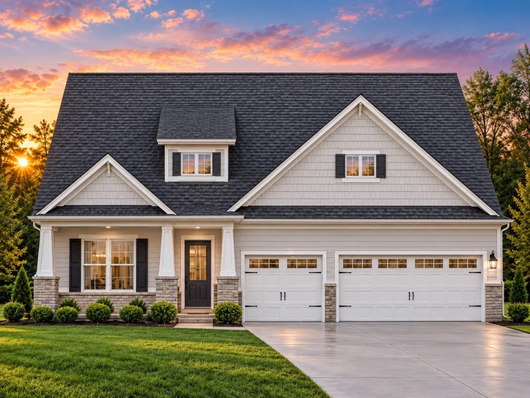 Front elevation of Traditional Classic Suburban house with horizontal lap siding, brick water table, gable roof, and two-car garage