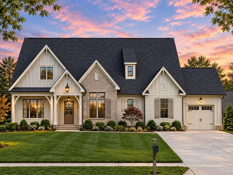 Front elevation of a modern farmhouse style home featuring board and batten siding, stone accents, black windows, and a welcoming covered entry