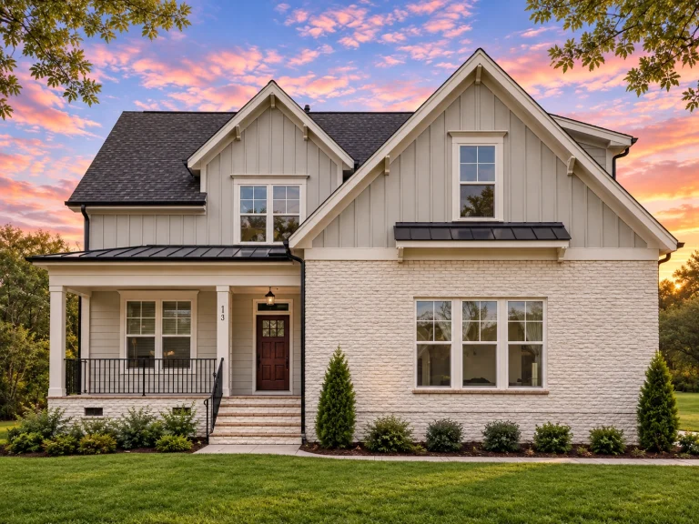 Front view of Modern Farmhouse style home featuring board and batten siding, brick accents, and a welcoming covered porch entry