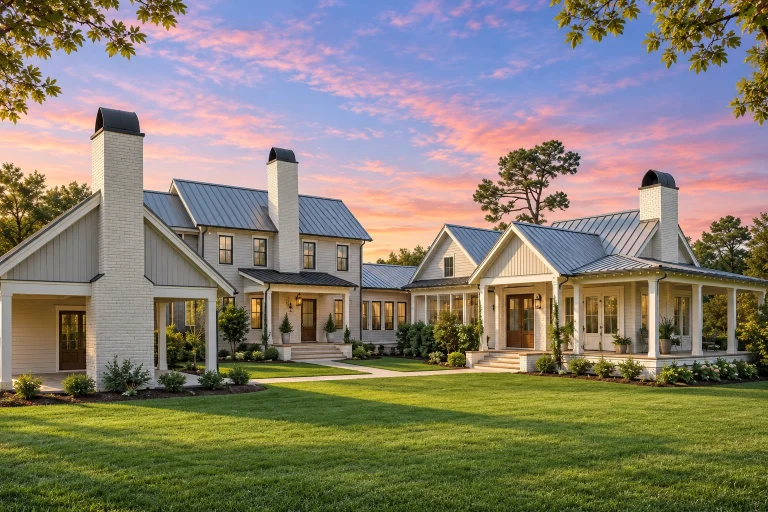 Front elevation of a Southern Farmhouse featuring a brick and board-and-batten exterior, metal roof, and wraparound porch with classic columns