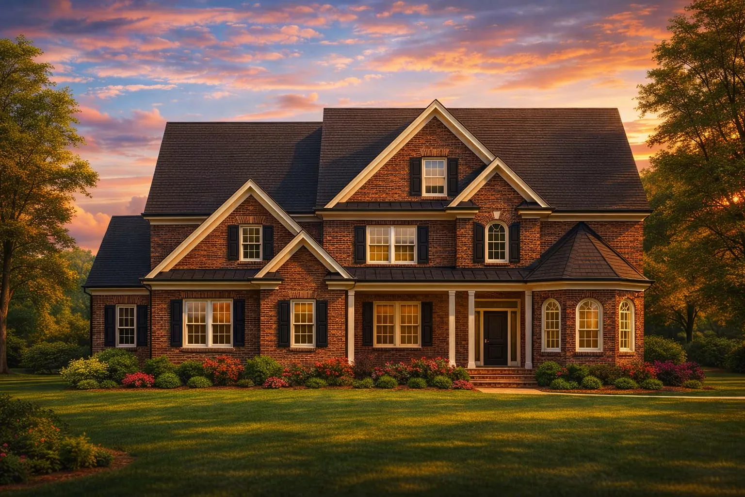 Front elevation of a Traditional Colonial style brick home with symmetrical windows, gabled rooflines, and classic Georgian-inspired detailing