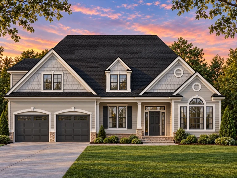 Front elevation of a New American modern traditional home with brick and horizontal siding, gabled rooflines, and two-car front-entry garage