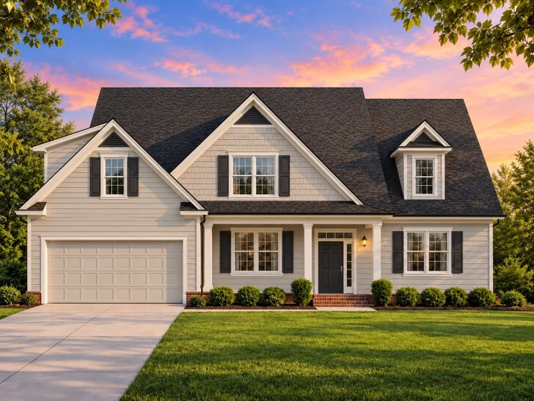 House Plans with Second Floor Laundry Room 23 Front elevation of a Traditional New American style house with horizontal siding, symmetrical windows, gabled roof, and attached two-car garage