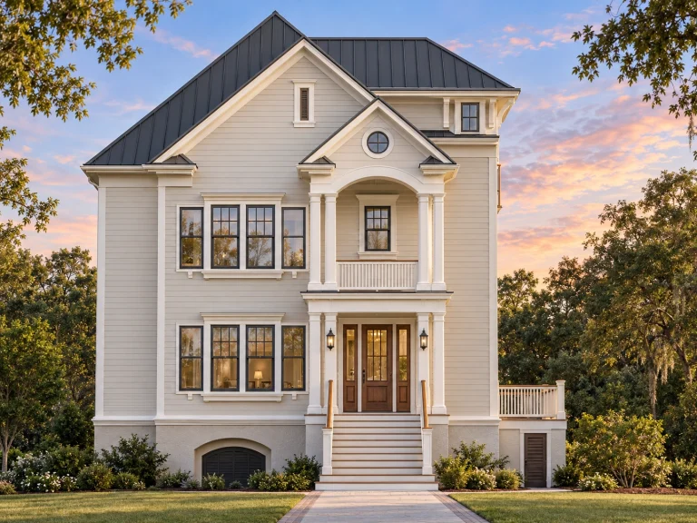 Front elevation of a Colonial Revival style home with symmetrical facade, horizontal siding, central entry, and classical columns