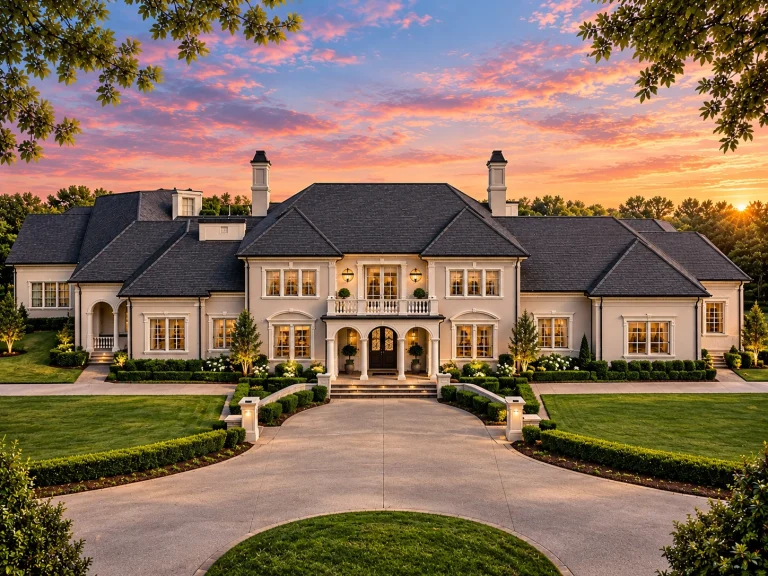 Single Family House Plans 8 Front elevation of a Neoclassical style luxury home featuring symmetrical Georgian design, stucco exterior, arched windows, and formal entry