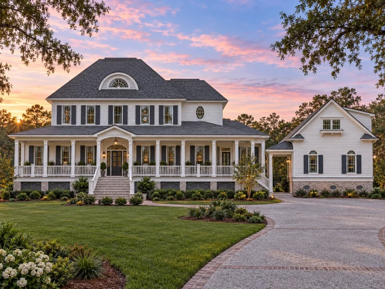 Front exterior of a Southern Colonial style home featuring horizontal siding, brick foundation, wraparound porch, and symmetrical windows