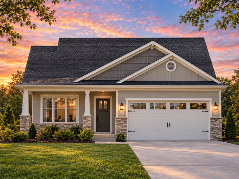 Front view of a Traditional Ranch style home featuring horizontal siding, shingle gable siding, stone accents, and a welcoming covered porch