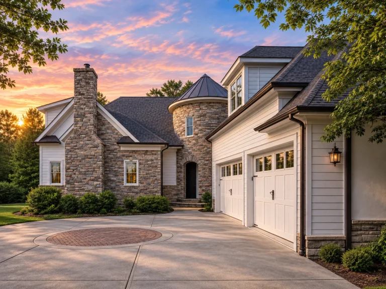 Front exterior of a French Country style luxury home with stone facade, lap siding, turret-style entry, and side-entry garage