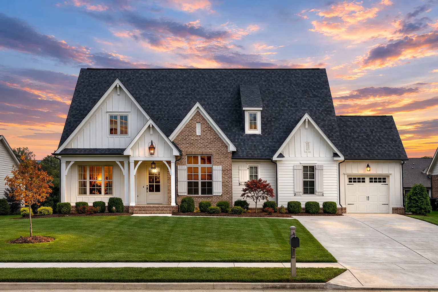 Front elevation of a modern farmhouse style home featuring board and batten siding, stone accents, black windows, and a welcoming covered entry