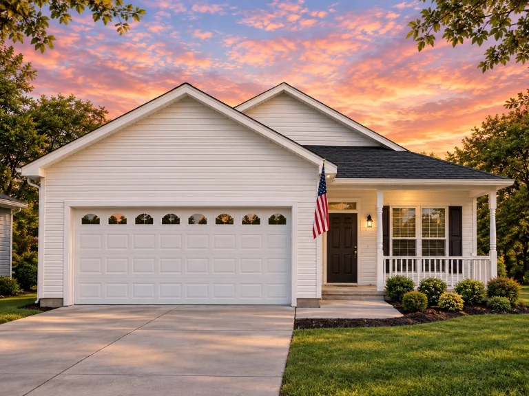 Traditional Ranch style home with horizontal siding, shake gable detailing, stone column bases, and a covered entry