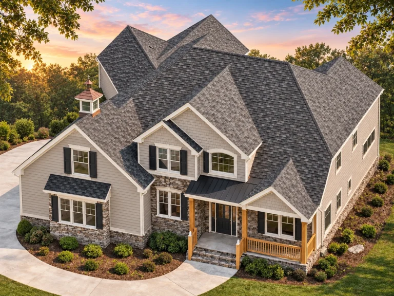 Southwestern House Plans 3 Front elevation of a New American Modern Traditional house with horizontal siding, stone accents, gabled rooflines, and a welcoming covered porch
