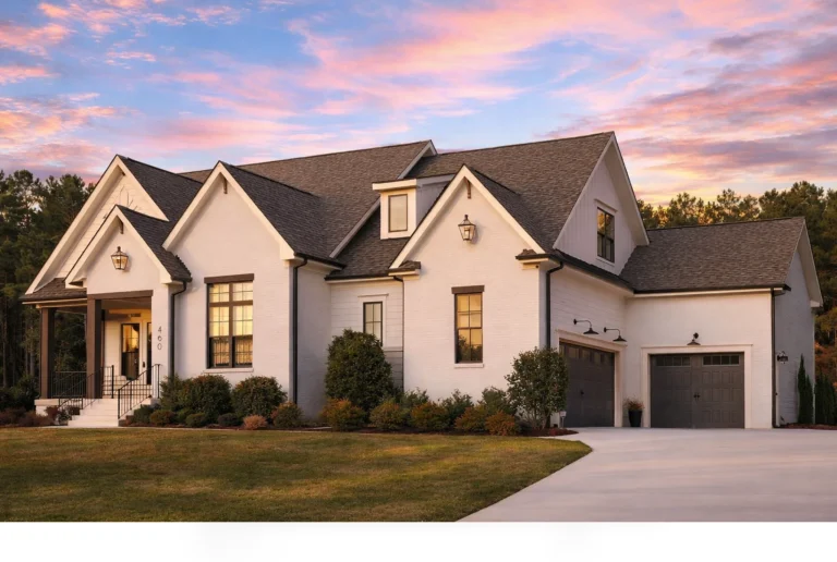 Front elevation of a New American style home with painted brick exterior, board and batten gables, black windows, and symmetrical modern traditional design