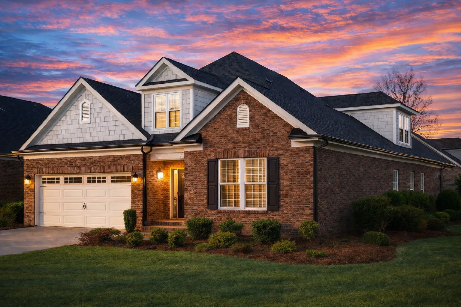 Front elevation of a traditional brick suburban home featuring shake siding, horizontal siding, gabled rooflines, and manicured landscaping