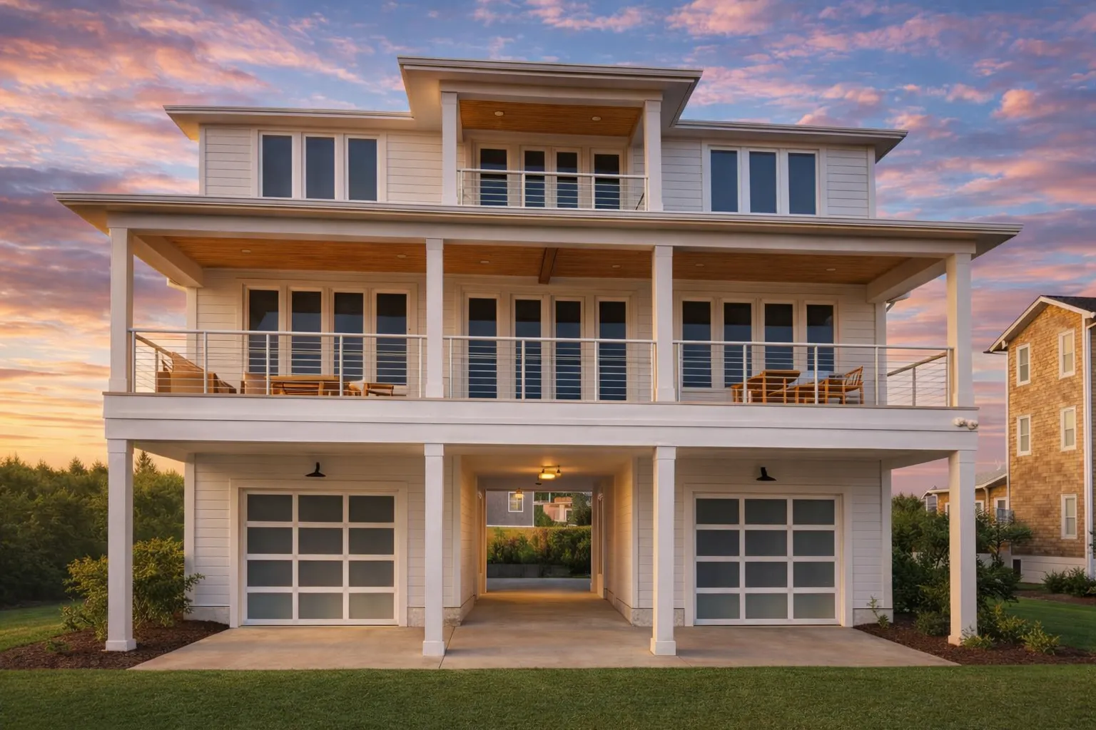 Front elevation of a Coastal Beach style home featuring Charleston and Low Country architecture with wide double porches, horizontal siding, metal railings, and elevated garage level