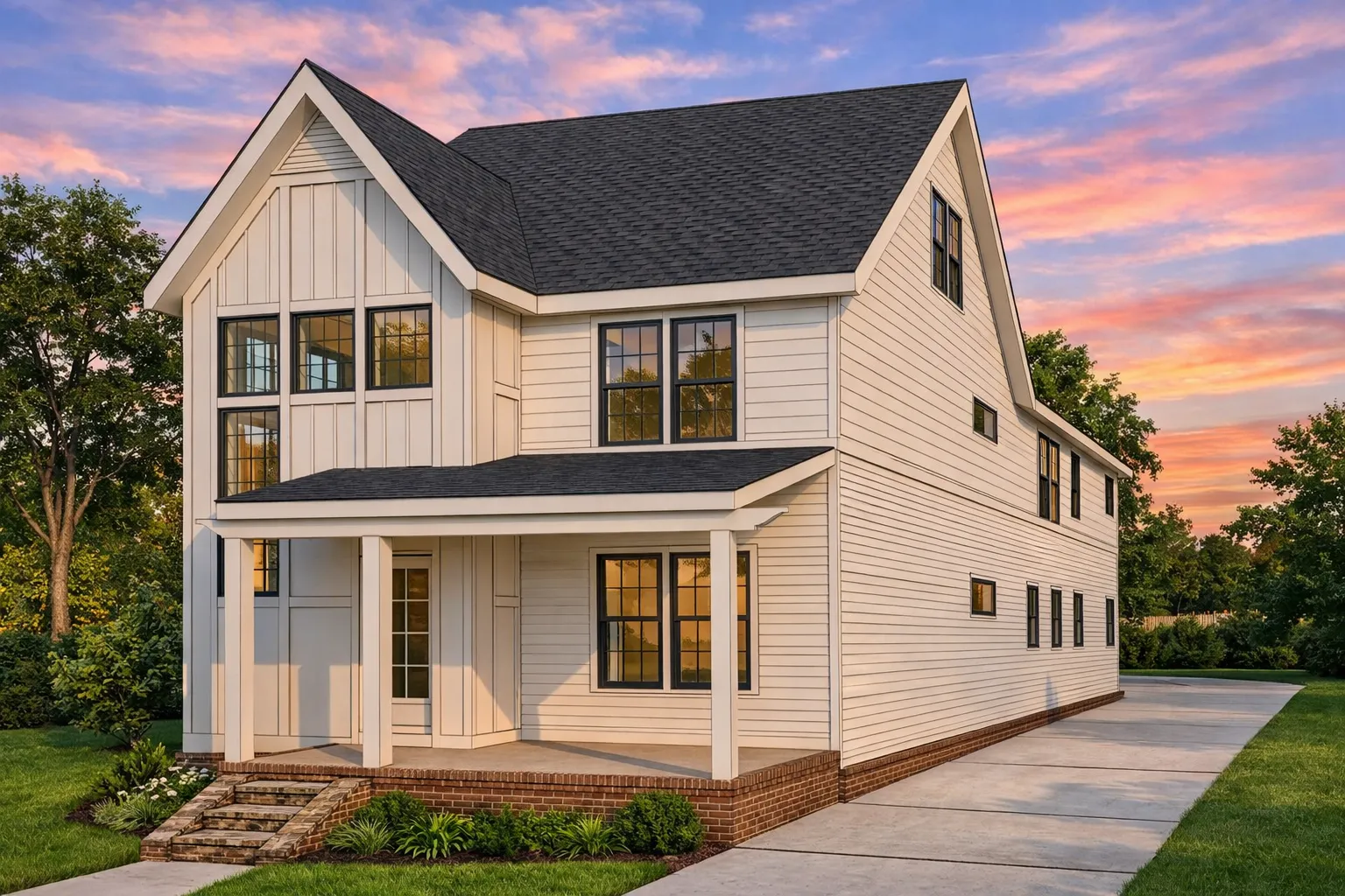 Front exterior view of a Modern Farmhouse style home with board and batten siding, horizontal lap siding, stone accents, and a covered front porch