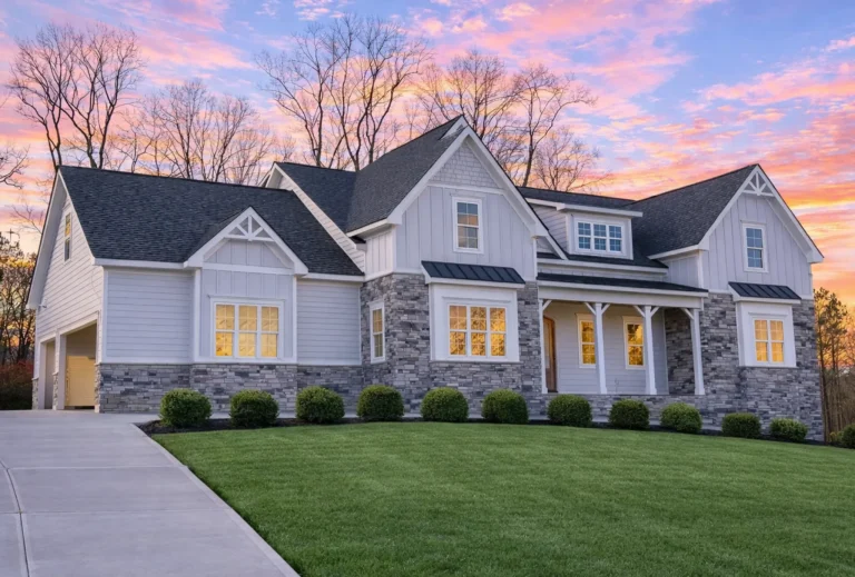 Front exterior of a New American Modern Traditional home featuring board and batten siding, stone accents, gabled rooflines, and covered front porch