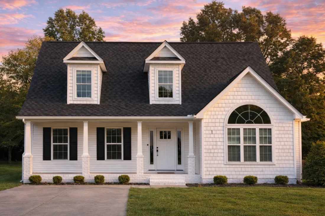 Front elevation of a Cape Cod style home featuring brick exterior, lap siding, dormer windows, and a welcoming covered front porch