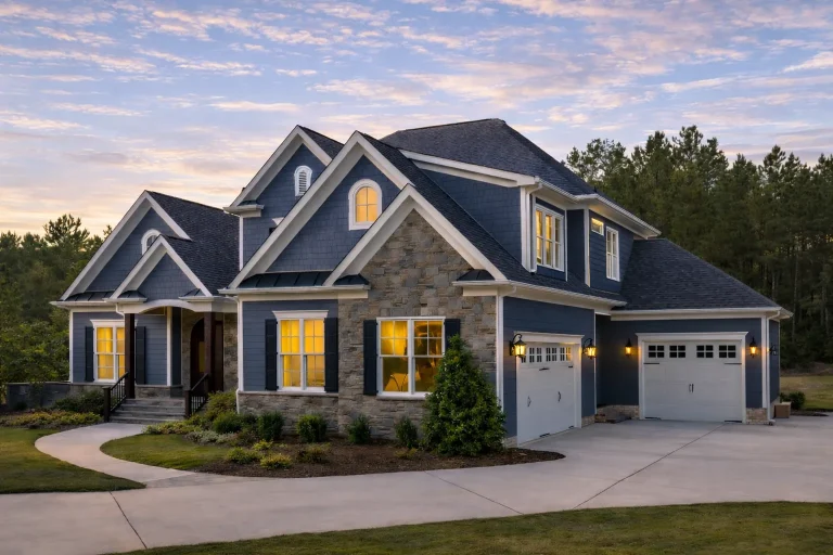 Front elevation of a Traditional Colonial style home featuring brick exterior, gabled rooflines, multi-pane windows, and an attached garage