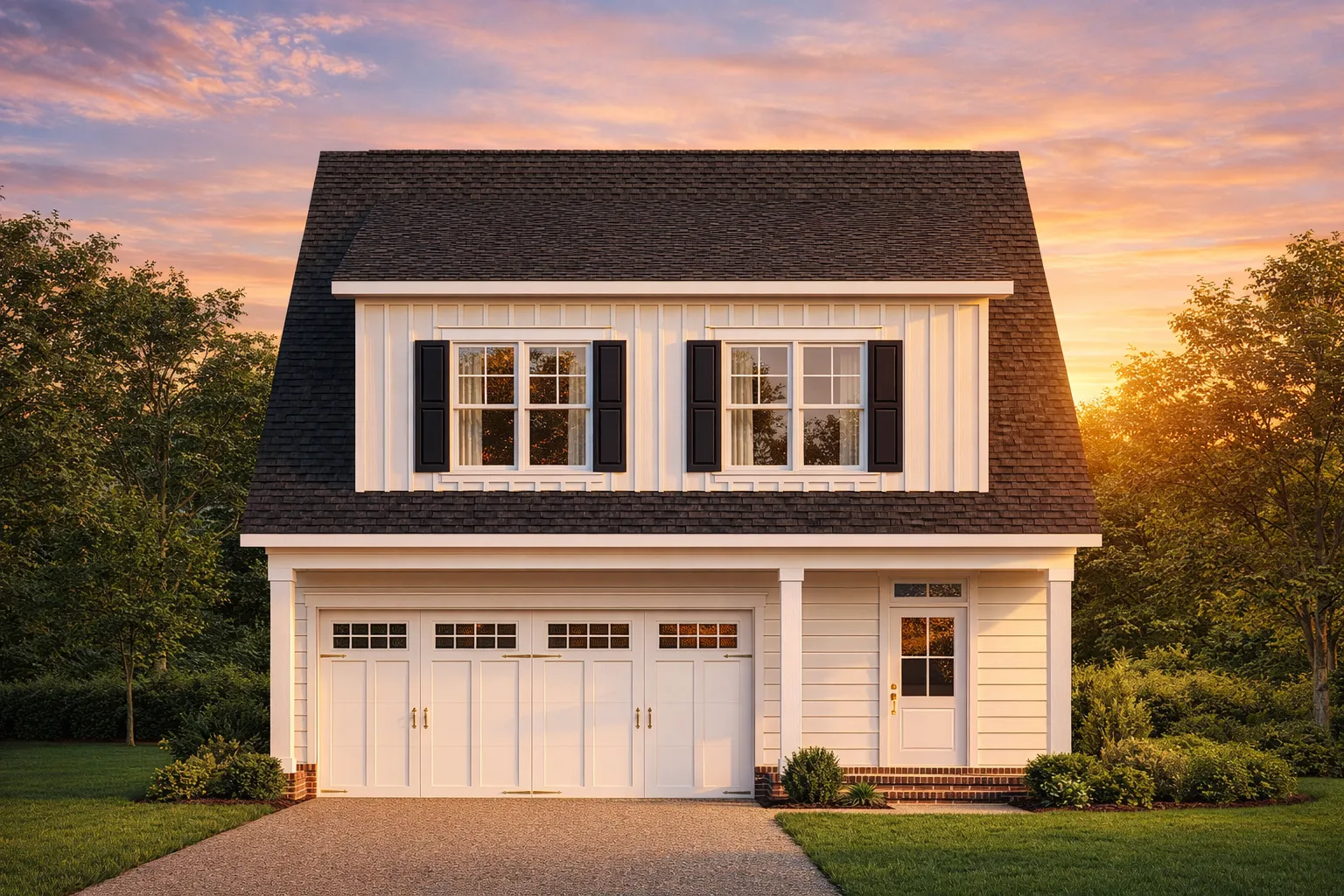 Front elevation of Colonial-style carriage house garage apartment with white lap siding, symmetrical windows, and classic pitched roof