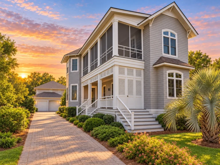 Modern Farmhouse House Plans 9 Coastal Low Country style home with lap siding, raised foundation, covered porch, and classic Southern architectural detailing