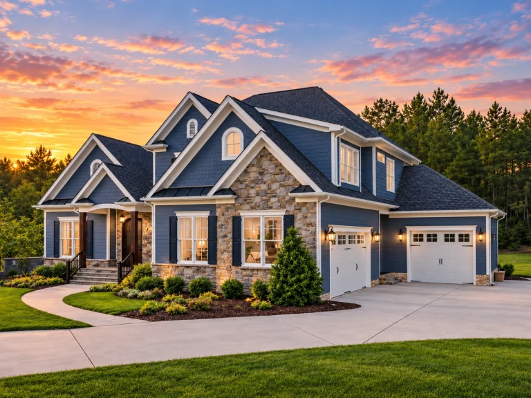 Front elevation of a Traditional Colonial style home featuring brick exterior, gabled rooflines, multi-pane windows, and an attached garage