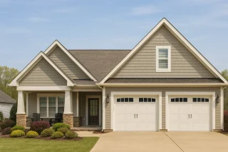 Front elevation of a Craftsman Ranch home featuring horizontal siding, shingle gables, stone column bases, and a welcoming covered porch